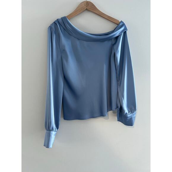 Bobbles & Lace Off the Shoulder Satin Cocktail Dress Shirt Sky Blue Size Small - Picture 2 of 8